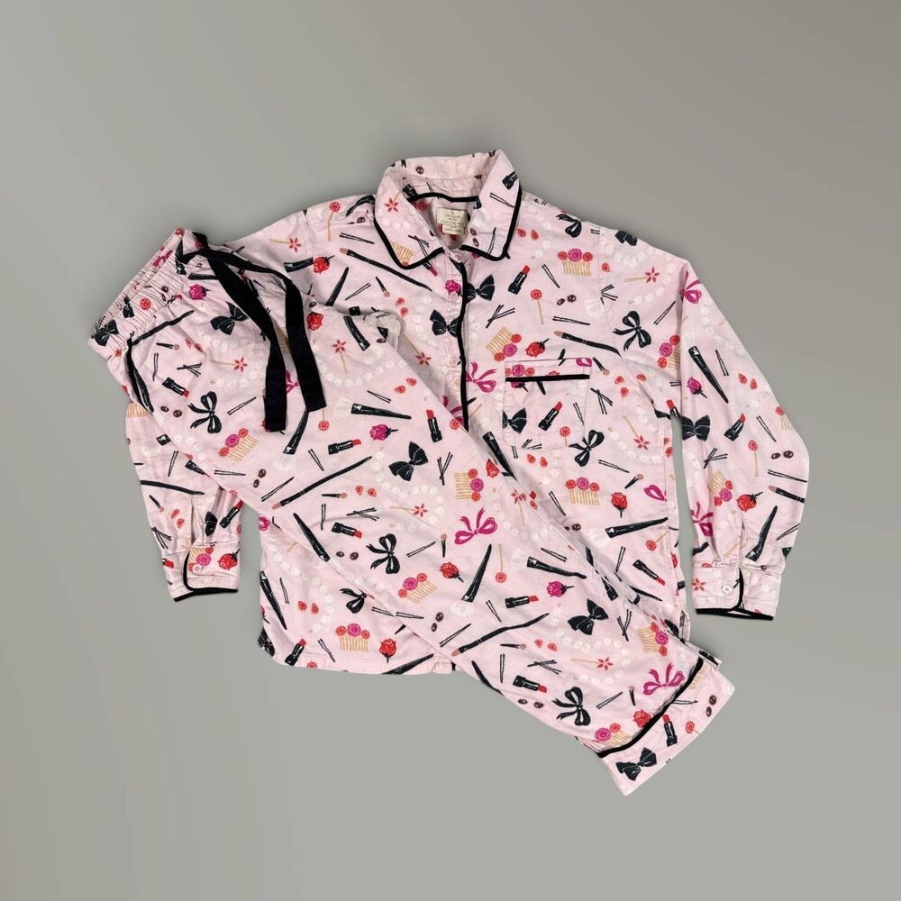 Kate Spade Pink Flannel Pajama Set Makeup Lipstick Bows Sz Med READ DESC.